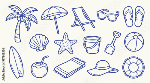 A charming collection of hand-drawn summer beach vacation icons, perfect for illustrating seaside relaxation and fun activities.
