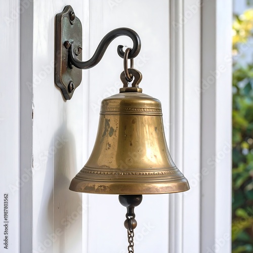 A brass doorbell hangs on a white door