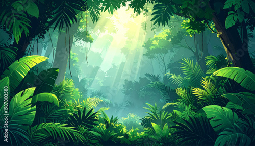 Dense rainforest interior filled by glowing shafts. Botanical wilderness artwork for eco marketing. Luminous tropical undergrowth amid tranquil depth