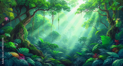 Enchanted woodland featuring ancient trunks beneath soft rays. Fantasy jungle artwork for story branding. Verdant grove scene with dramatic mystical ambiance