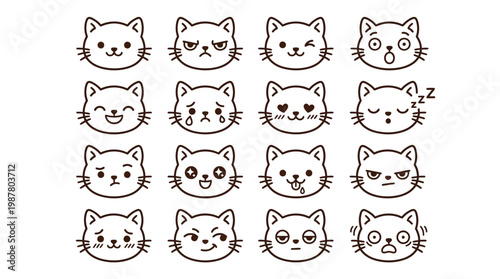 Collection of 16 Cute Kawaii Cat Faces Expressing Various Emotions and Expressions in a Simple Line Art Style.