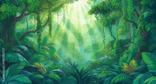 Green canopy chamber featuring cascading vines beside light. Lush jungle illustration for organic packaging. Sunwashed foliage scene with immersive tropical calm