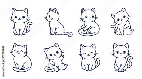 A charming collection of eight adorable cartoon kittens, each with a unique pose and expression, rendered in a simple, clean line art style.