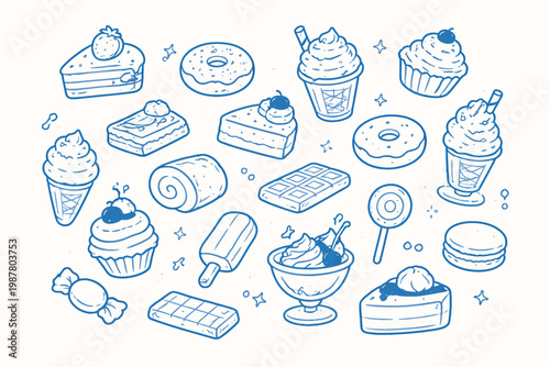 A delightful collection of hand-drawn illustrations featuring a variety of sweet desserts and treats, perfect for culinary themes.