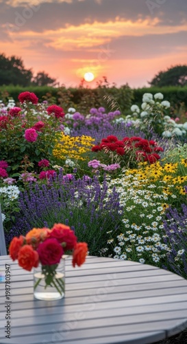 Beautiful Garden Flowers Blooming Under a Sunset Sky.
