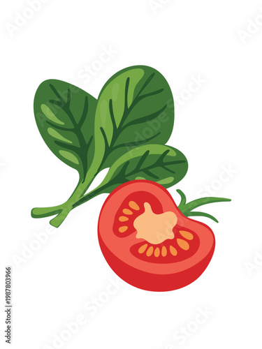 organic spinach leaves and tomato wedge minimal healthy food composition