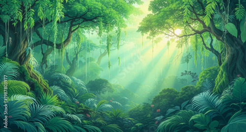 Vibrant tropical forest with beams of sunlight breaking through. Misty jungle landscape with sunlight filtering through trees. Lush forest glowing under warm sunrays in serene atmosphere