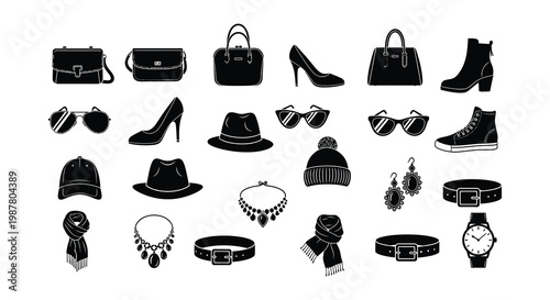 Collection of black silhouette fashion accessories and footwear items