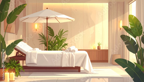 Tropical spa cabana, reclined bed, umbrella, sunlight. Daylight therapy room, towels, candles, leafy accents. Resort pamper scene, warm rays, exotic decor