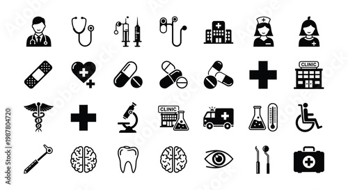 Collection of black medical icons representing healthcare and hospital themes