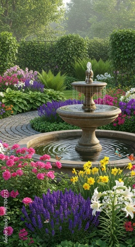 Beautiful Garden Fountain with Colorful Flowers and Greenery.