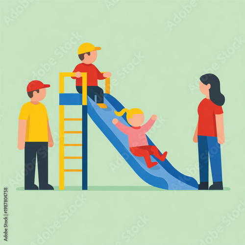 Flat vector illustration of children playing on playground slide with parents watching, colorful family outdoor activity scene, kids having fun at park, simple modern design style.