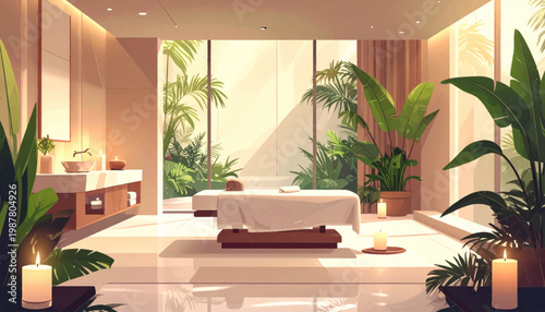 Bright spa lounge, tropical windows, vanity, candles. Modern treatment room, sunlit plants, clean styling. Garden wellness interior, serene table, warm reflections