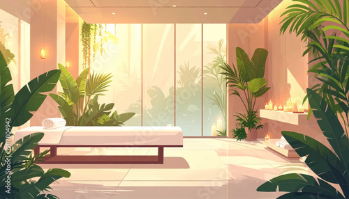 Pastel spa room, frosted glass, botanical tranquility. Soft wellness lounge, filtered light, elegant candles. Airy treatment interior, lush foliage, peaceful blush
