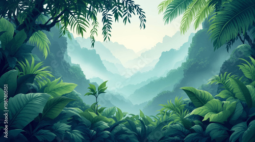 Lush forest view, misty landscape, tropical valley. Dense jungle mist, forest depth, tranquil foliage. Green valley, tropical ambiance, natural landscape
