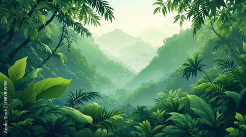Misty rainforest valley, layered mountains, lush foliage. Tropical jungle landscape, green canopy, tranquil haze. Serene nature backdrop, exotic forest, distant ridges