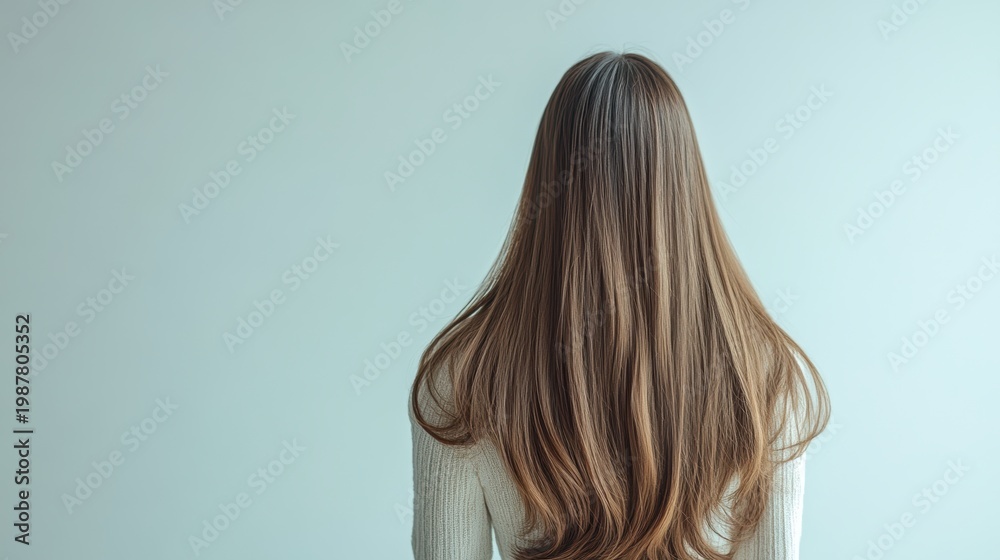 Fototapeta premium Beautiful model girl with Brown hair strand,silky healthy chestnut wavy hair strand,hair wavy ribbon, with smooth,Keratin straightening,Treatment,straight long hair,procedures,Smooth hairstyle.