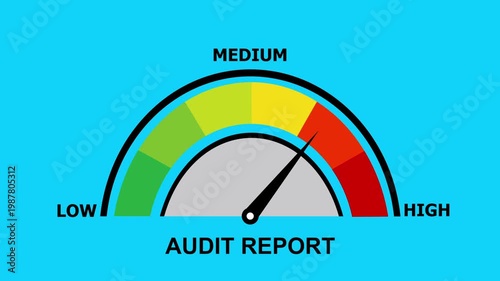 A video showcasing a medium risk audit report gauge with a needle pointing to the medium section on a blue background