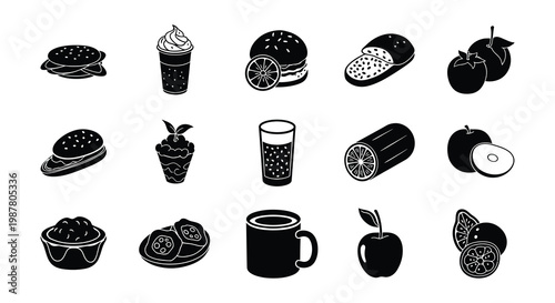 Black and white illustration of various fast food and fruit items