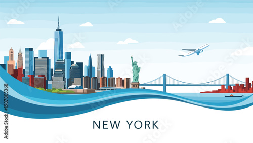 New York City skyline panoramic illustration featuring the Statue of Liberty Brooklyn Bridge and a flying airplane at daytime.
