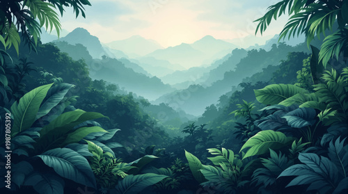 Jungle landscape, tropical leaves, misty valley. Peaceful rainforest, green valley, serene leaves. Vibrant foliage, tropical atmosphere, nature retreat