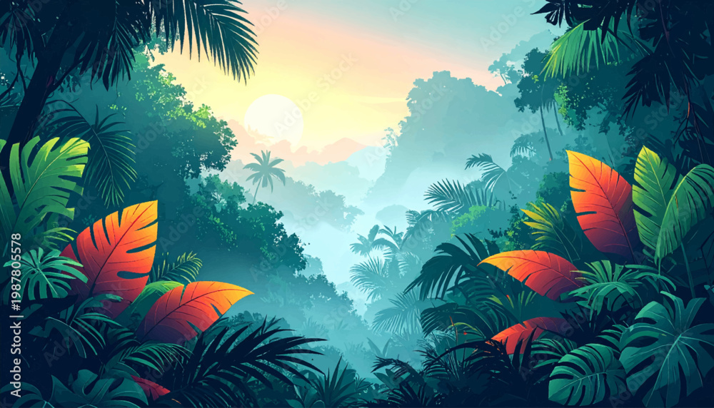 Naklejka premium Bright tropical jungle, yellow foliage, scenic beauty. Lush greenery, bright yellow leaves, tranquil jungle. Exotic forest view, vivid leaves, misty tropical scene