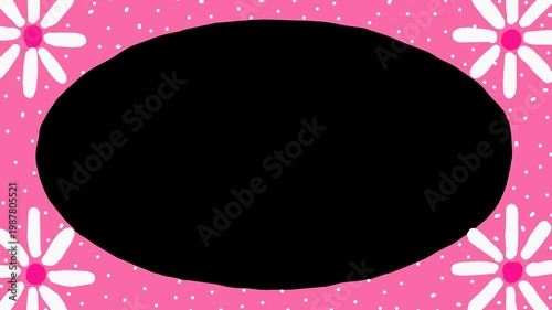 Wiggly hand-drawn white flower bloom dotted pink oval shape frame on transparent background 