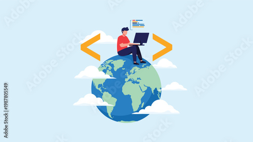 Programmer sitting on top of the world globe using a laptop for global software development and remote coding activities in the clouds.