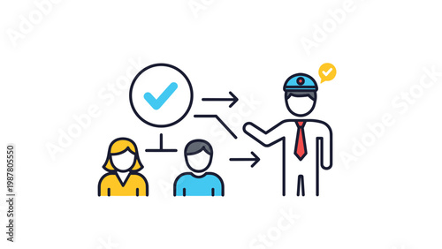 Business management concept showing process icons with a supervisor figure and checkmark for human resources and employee vetting.