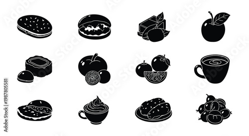 Black and white illustration of various fast food and fruit items