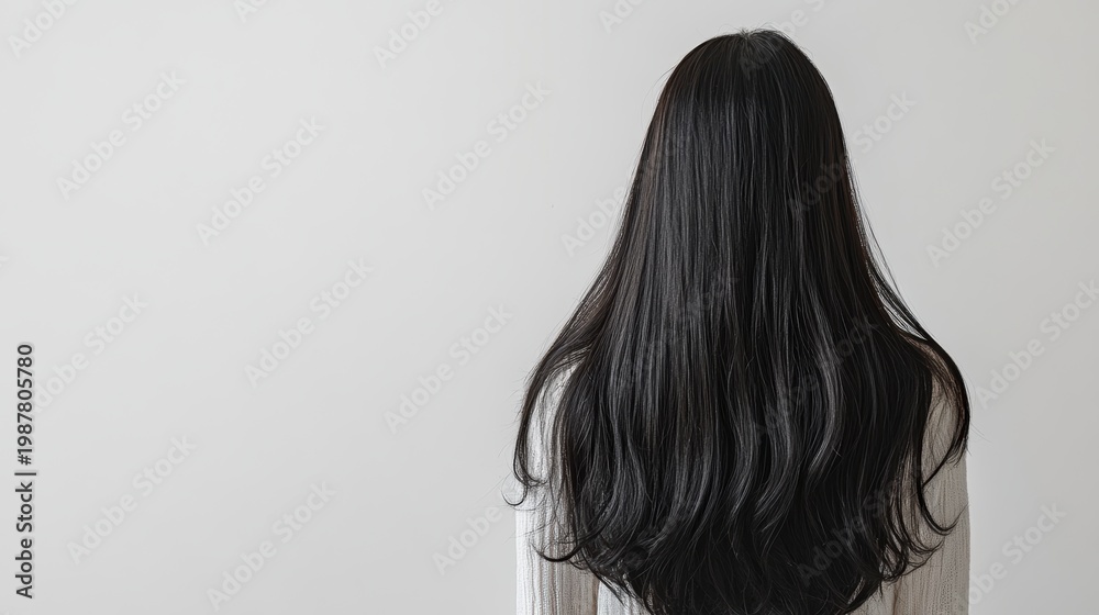 Naklejka premium Beautiful model girl with Brown hair strand,silky healthy chestnut wavy hair strand,hair wavy ribbon, with smooth,Keratin straightening,Treatment,straight long hair,procedures,Smooth hairstyle.