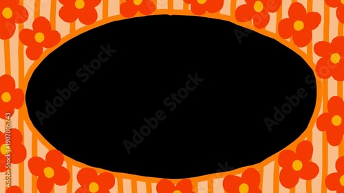 Wiggly hand-drawn orange flower bloom vertical lines oval shape frame on transparent background  