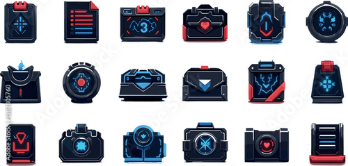 Futuristic technology badge icon set featuring sci fi panels shields devices and glowing interface elements in modern neon style