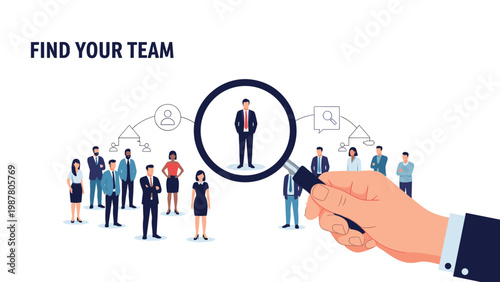 Recruitment concept illustration with a large hand holding a magnifying glass over a group of professional candidates.