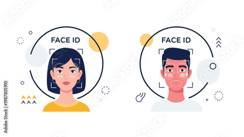 Concept of biometric security with illustrations of a man and woman undergoing face identification on a white background.