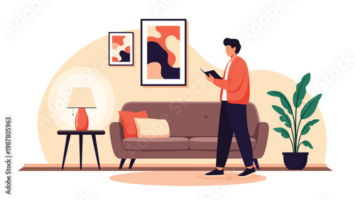 Man reading a book in a modern living room interior with a brown sofa, colorful paintings, and a green potted plant.