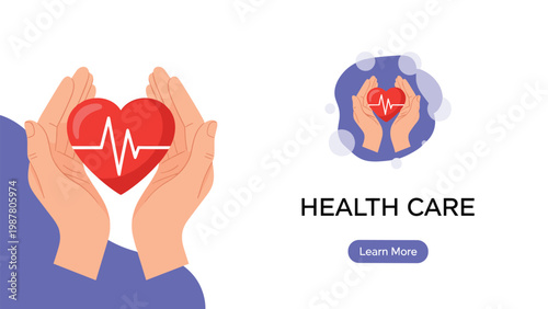 Medical concept illustration featuring two hands holding a red heart with a white electrocardiogram pulse line.