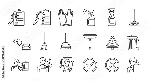 Black silhouette icons depicting various cleaning tools and household supplies