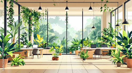 Stylish office space with many indoor plants and minimalist decor. Elegant office design with a variety of indoor plants for a fresh vibe. Modern workspace filled with lush greenery and plant decor.