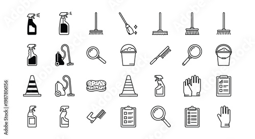 Black silhouette icons depicting various cleaning tools and household supplies