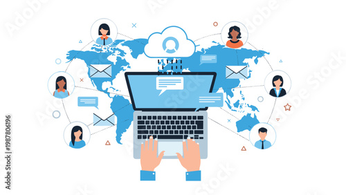 Laptop being used by a person to communicate globally with a world map and people icons connected by messages.