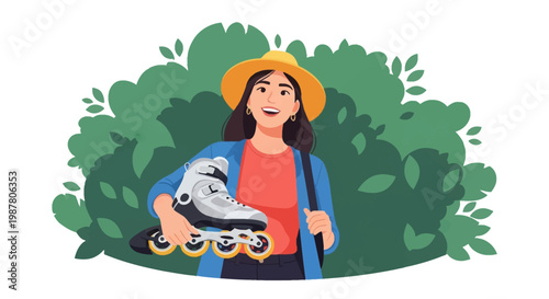 Vector illustration of a smiling young woman wearing a yellow sun hat and blue jacket, holding a single inline skate while standing in front of green leafy bushes outdoors.