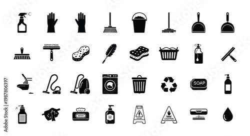 Black silhouette icons depicting various cleaning tools and household supplies