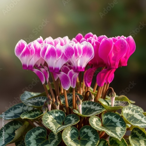 Beautiful Pink Cyclamen Flowers Blooming in Sunlight.