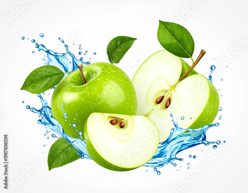 Fresh apple watercolor with water splashes, bright and crisp illustration on a white background.
