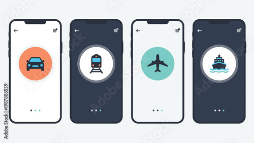 Set of four mobile smartphone screens displaying icons for car, train, airplane, and ship transportation services in a clean interface.