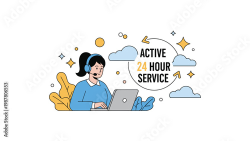 Support agent woman wearing a headset works on a laptop in front of a sign that reads active twenty four hour service.