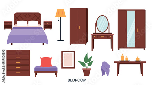 Set of various bedroom furniture items including a bed, wardrobes, dresser, lamp, and plants for interior design planning.