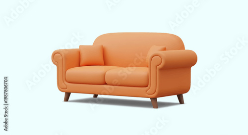 3D cartoon style orange loveseat sofa with two matching pillows, rounded scrolled armrests, and dark wooden legs isolated on a plain light background with a soft drop shadow.