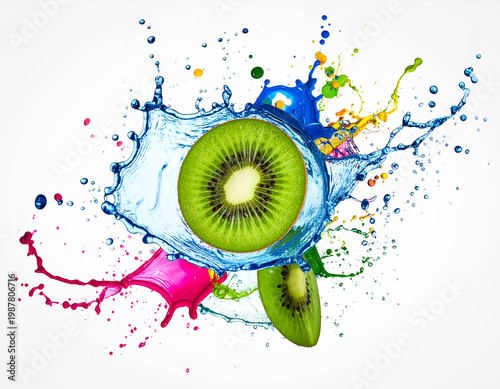  Hand-painted kiwi halves with dynamic splash effect in acrylic style, juicy and fresh, isolated on white.